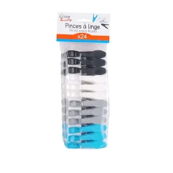 24 Pinces à linge - Plastique - Noir/Blanc/Gris/Bleu