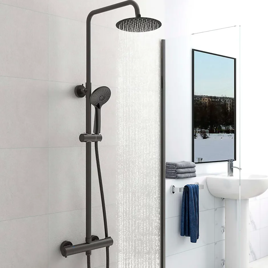 AICA Sanitaire AICA Colonne de douche thermostatique noire mate, avec douche de tête ronde et douchette à main réglable en plusieurs modes