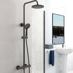 AICA Sanitaire AICA Colonne de douche thermostatique noire mate, avec douche de tête ronde et douchette à main réglable en plusieurs modes