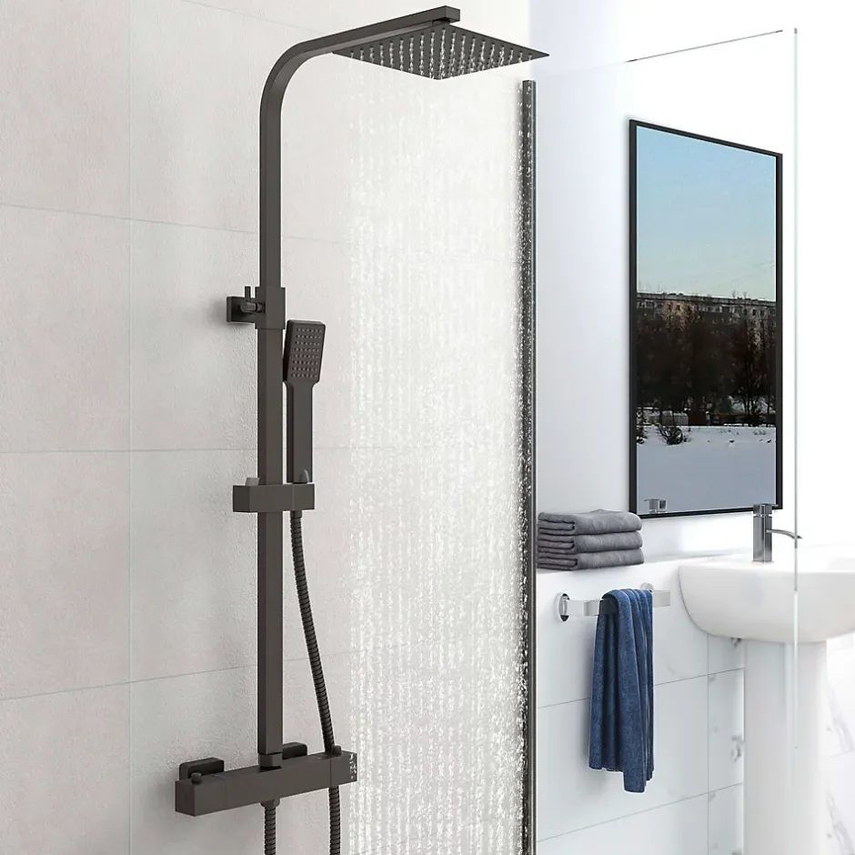 AICA Sanitaire AICA colonne de douche thermostatique noir mat avec douche de tête carrée 20X20cm, réglable en hauteur 730-1150mm* Colonne De Douche Thermostatique