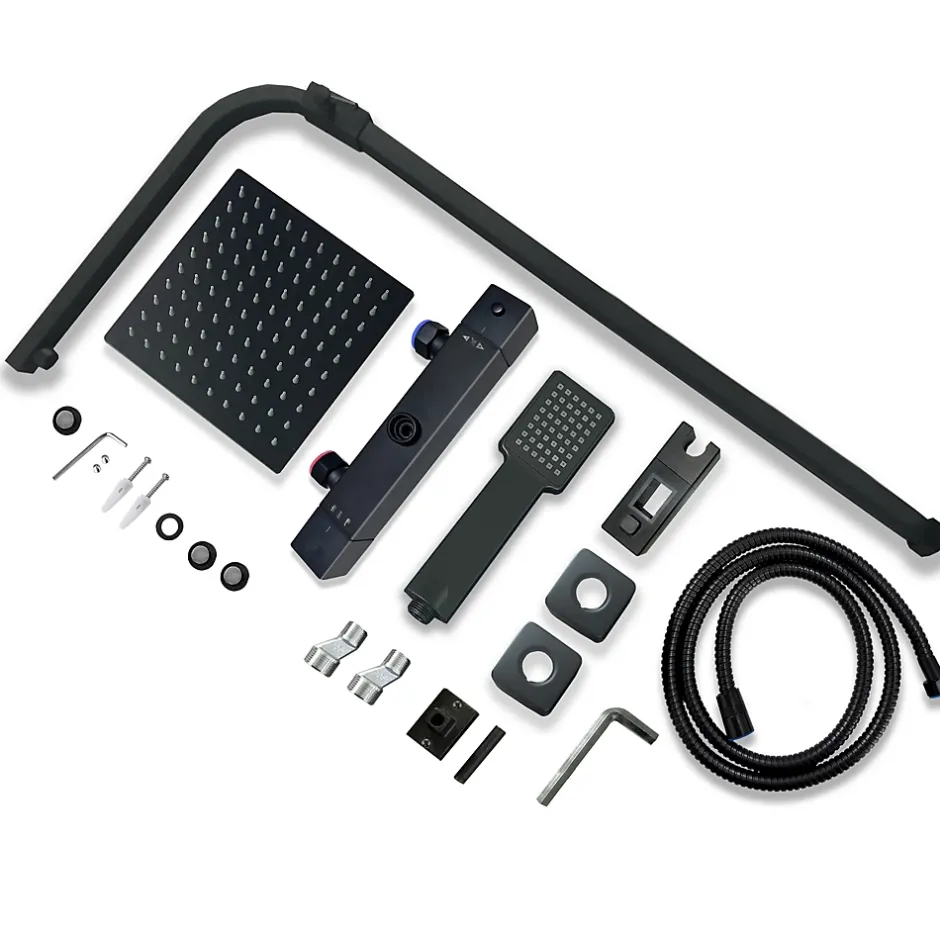 AICA Sanitaire AICA colonne de douche thermostatique noir mat avec douche de tête carrée 20X20cm, réglable en hauteur 730-1150mm* Colonne De Douche Thermostatique