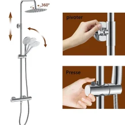 AICA Sanitaire AICA colonne de douche thermostatique avec douche de tête ronde de 250 mm, douchette à main 3 fonctions, hauteur réglable* Colonne De Douche Thermostatique