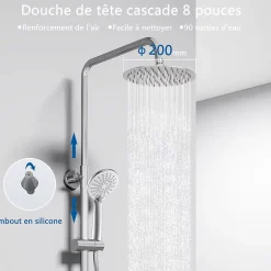 AICA Sanitaire AICA colonne de douche thermostatique avec douche de tête ronde de 200 mm, douchette à main 3 fonctions, hauteur réglable