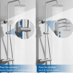 AICA Sanitaire AICA colonne de douche thermostatique avec douche de tête ronde de 200 mm, douchette à main 3 fonctions, hauteur réglable