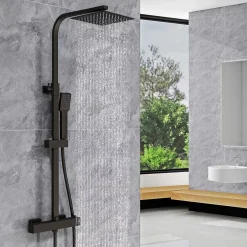 AICA Sanitaire AICA Colonne de douche thermostatique avec pomme de tête, Carré, douchette et flexible,noir mat* Colonne De Douche Thermostatique