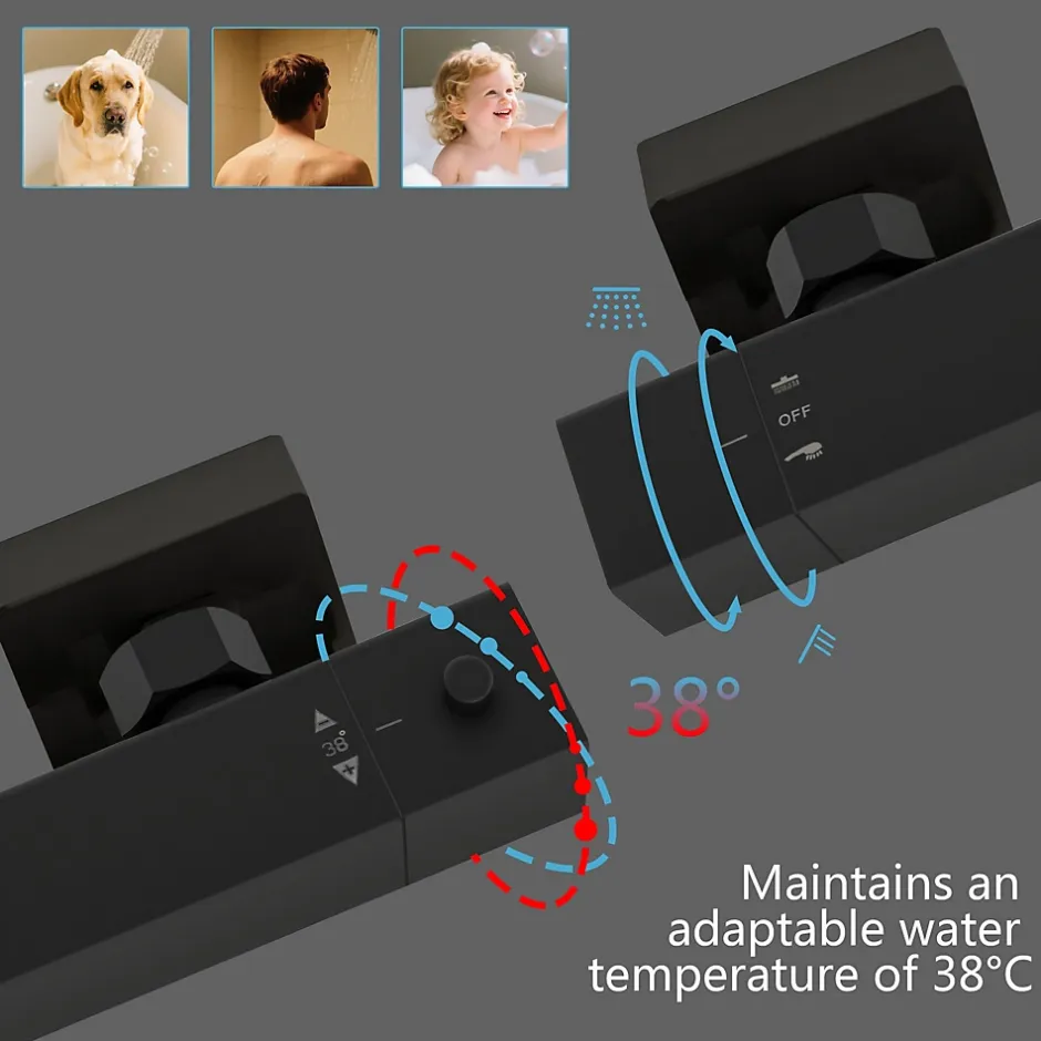 AICA Sanitaire AICA Colonne de douche thermostatique avec pomme de tête, Carré, douchette et flexible,noir mat* Colonne De Douche Thermostatique