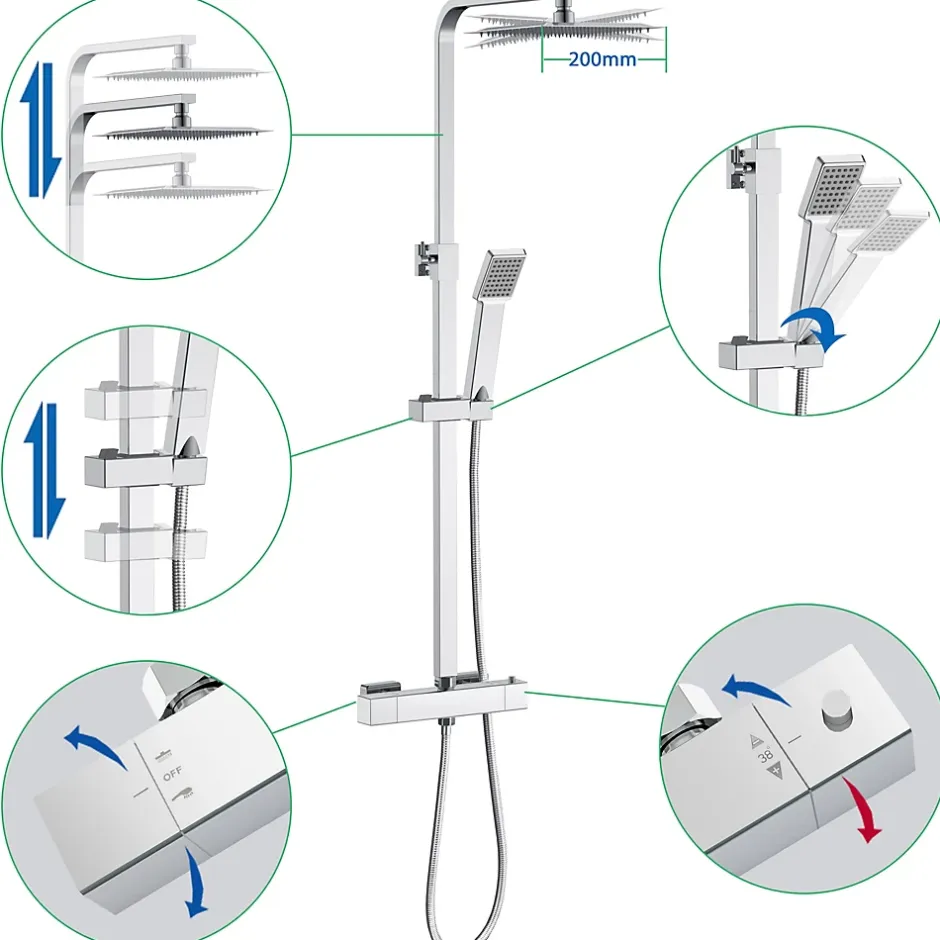 AICA Sanitaire AICA colonne de douche thermostatique avec pomme de tête,Carré, douchette et flexible,effet chromé