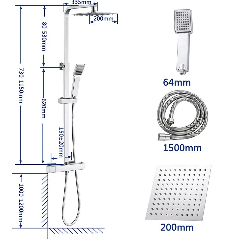 AICA Sanitaire AICA colonne de douche thermostatique avec pomme de tête,Carré, douchette et flexible,effet chromé