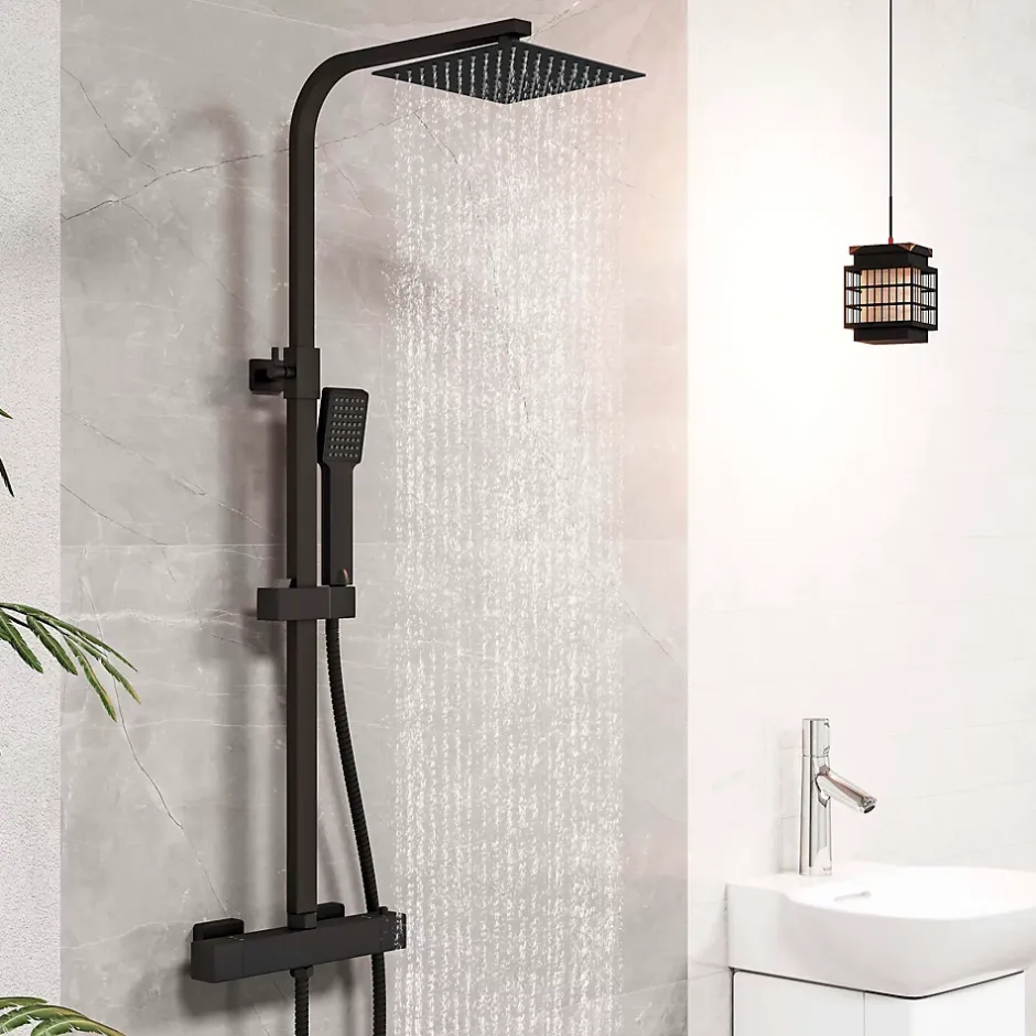AICA Sanitaire AICA colonne de douche thermostatique avec pomme de tête, douchette et flexible,noir mat, Carré* Colonne De Douche Thermostatique