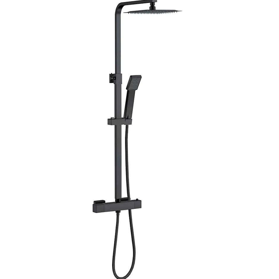 AICA Sanitaire AICA colonne de douche thermostatique avec pomme de tête, douchette et flexible,noir mat, Carré* Colonne De Douche Thermostatique