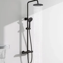AICA Sanitaire AICA colonne de douche thermostatique avec douche de tête ronde de 200 mm, douchette à main 3 fonctions, noir,hauteur réglable