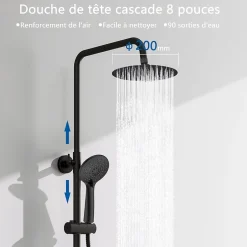AICA Sanitaire AICA colonne de douche thermostatique avec douche de tête ronde de 200 mm, douchette à main 3 fonctions, noir,hauteur réglable