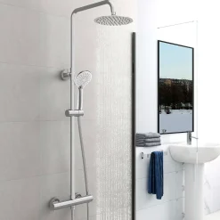 AICA Sanitaire AICA Colonne de douche thermostatique chromée, avec douche de tête ronde et douchette à main réglable en plusieurs modes* Colonne De Douche Thermostatique