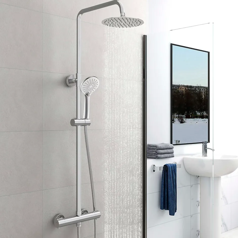 AICA Sanitaire AICA Colonne de douche thermostatique chromée, avec douche de tête ronde et douchette à main réglable en plusieurs modes* Colonne De Douche Thermostatique