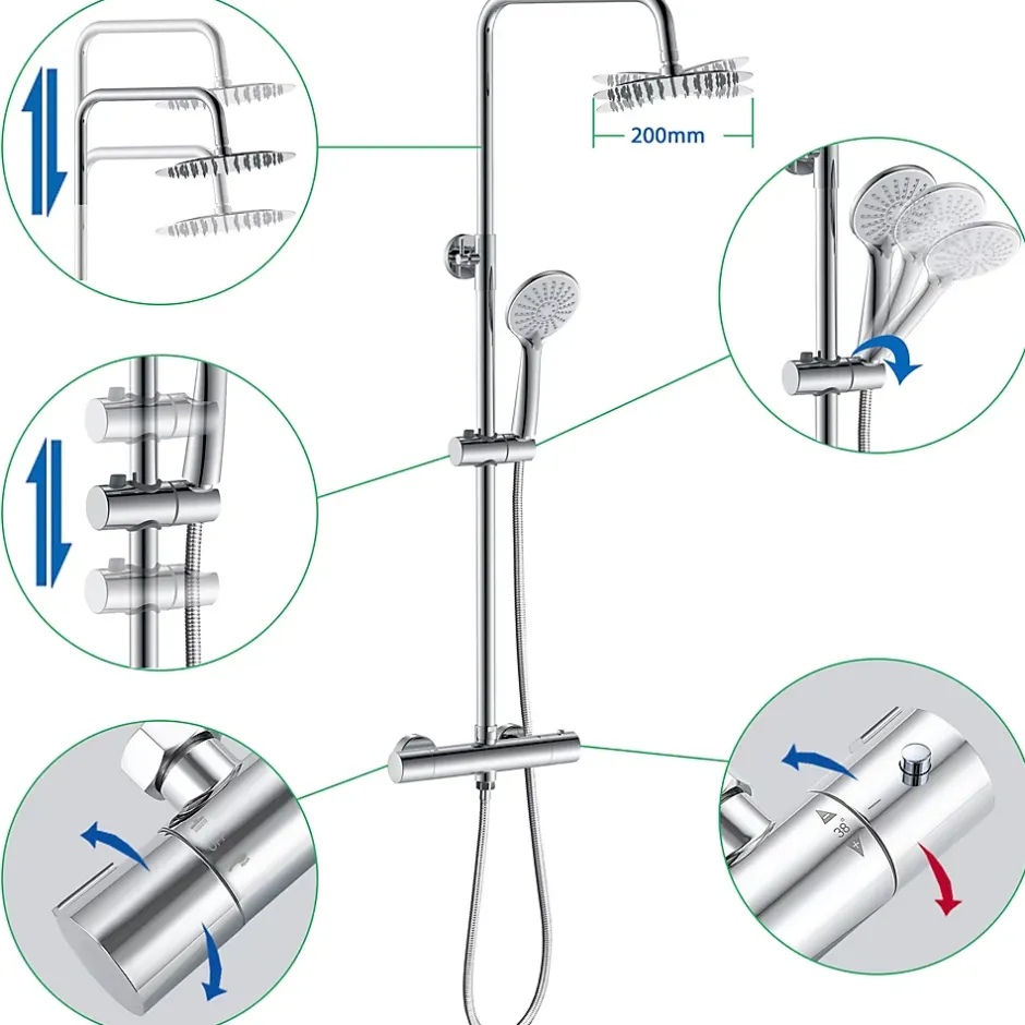 AICA Sanitaire AICA Colonne de douche thermostatique chromée, avec douche de tête ronde et douchette à main réglable en plusieurs modes* Colonne De Douche Thermostatique