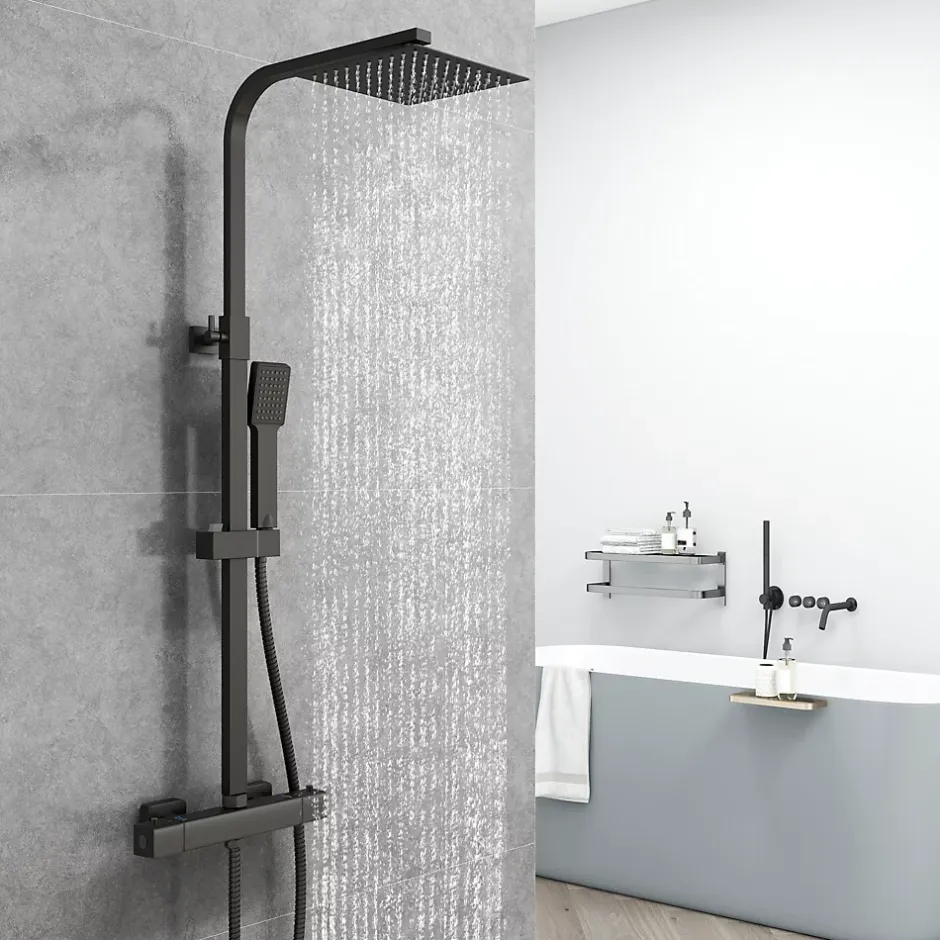 AICA Sanitaire AICA colonne de douche thermostatique noir mat avec douche de tête carrée 20X20cm, réglable en hauteur 730-1150mm* Colonne De Douche Thermostatique