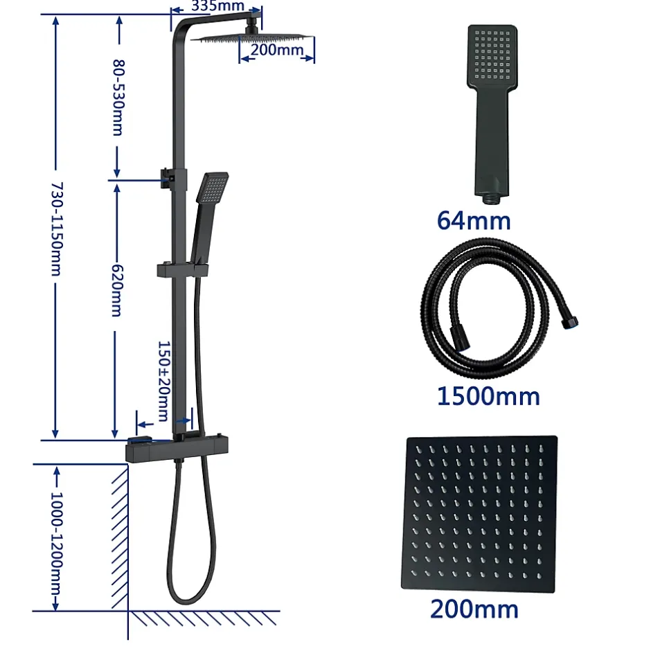 AICA Sanitaire AICA colonne de douche thermostatique noir mat avec douche de tête carrée 20X20cm, réglable en hauteur 730-1150mm* Colonne De Douche Thermostatique