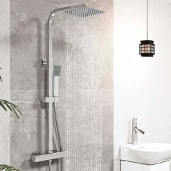 AICA Sanitaire AICA colonne de douche thermostatique avec pomme de tête, douchette et flexible,effet chromé,Carré
