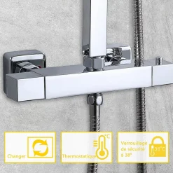 AICA Sanitaire AICA colonne de douche thermostatique noir mat avec douche de tête carrée 20X20cm, réglable en hauteur 730-1150mm