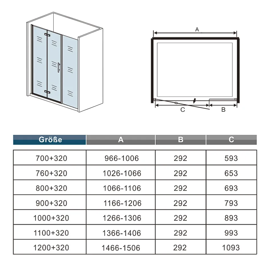 AICA Sanitaire AICA porte de douche pivotante 100x185cm porte de douche pliante avec un élément fixe en 6mm verre anticalcaire