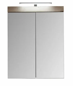 Trend Team AMANDA - Armoire de toilette murale mélaminé avec bandeau lumineux blanc/chêne - 2 portes miroir. L - H - P : 60 - 77 - 17 cm* Armoire De Toilette
