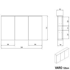 Bernstein Amoire de toilette MFC 3 portes miroirs, éclairage LED, prise de courant intérieure + 4 tablettes verre, 120x71x19cm (LxHxP), VARO* Armoire De Toilette