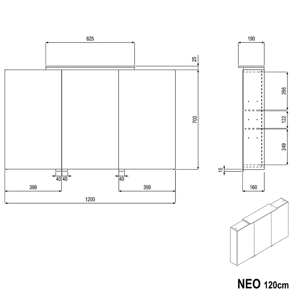 Bernstein Amoire de toilette suspendue 120x19x72,5cm (LxPxH), 3 portes mirroir, éclairage LED + prise électrique, Charnières mobiles, NEO* Armoire De Toilette