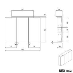 Bernstein Amoire de toilette suspendue 100x19x72,5cm (LxPxH), 3 portes mirroir, éclairage LED + prise électrique, Charnières mobiles, NEO