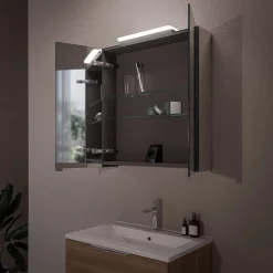 Bernstein Amoire de toilette suspendue 60x19x72,5cm (LxPxH), 2 portes mirroir, éclairage LED + prise électrique, Charnières mobiles, NEO