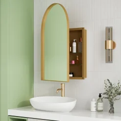 ProximaX Armoire à miroir cintrée dorée avec cadre métal, armoire murale à étagères réglables, rangement salle de bain, salon ou chambre* Armoire De Toilette