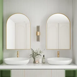 ProximaX Armoire à miroir cintrée dorée avec cadre métal, armoire murale à étagères réglables, rangement salle de bain, salon ou chambre* Armoire De Toilette