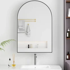 ProximaX Armoire à miroir cintrée noire avec cadre métal, armoire murale à étagères réglables, rangement salle de bain