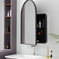 ProximaX Armoire à miroir cintrée noire avec cadre métal, armoire murale à étagères réglables, rangement salle de bain