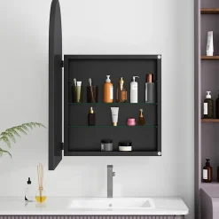 ProximaX Armoire à miroir cintrée noire avec cadre métal, armoire murale à étagères réglables, rangement salle de bain