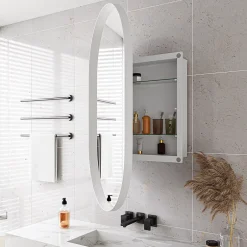 ProximaX Armoire à miroir ovale blanche avec cadre métal, armoire murale à étagères réglables, rangement salle de bain, salon ou chambre* Armoire De Toilette