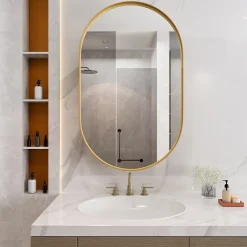 ProximaX Armoire à miroir ovale dorée avec cadre métal, armoire murale à étagères réglables, rangement salle de bain, salon ou chambre* Armoire De Toilette