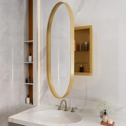 ProximaX Armoire à miroir ovale dorée avec cadre métal, armoire murale à étagères réglables, rangement salle de bain, salon ou chambre* Armoire De Toilette