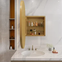 ProximaX Armoire à miroir ovale dorée avec cadre métal, armoire murale à étagères réglables, rangement salle de bain, salon ou chambre* Armoire De Toilette