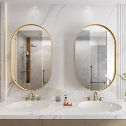 ProximaX Armoire à miroir ovale dorée avec cadre métal, armoire murale à étagères réglables, rangement salle de bain, salon ou chambre* Armoire De Toilette