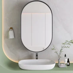 Okwish Armoire à Miroir Ovale Murale avec Cadre Métallique Noir - Meuble de Salle de Bain avec Étagères Réglables, 51.5x85 cm, Noir