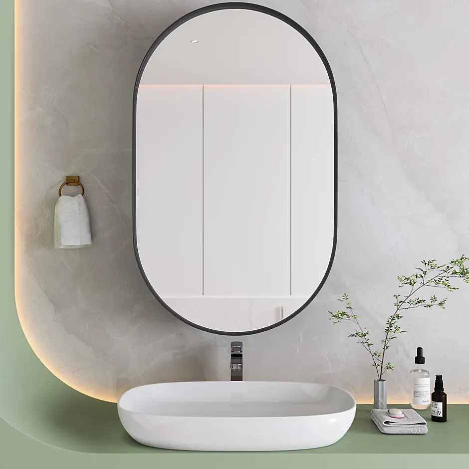 ProximaX Armoire à miroir ovale noire avec cadre métal, meuble mural avec étagères réglables, rangement salle de bain