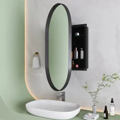 ProximaX Armoire à miroir ovale noire avec cadre métal, meuble mural avec étagères réglables, rangement salle de bain