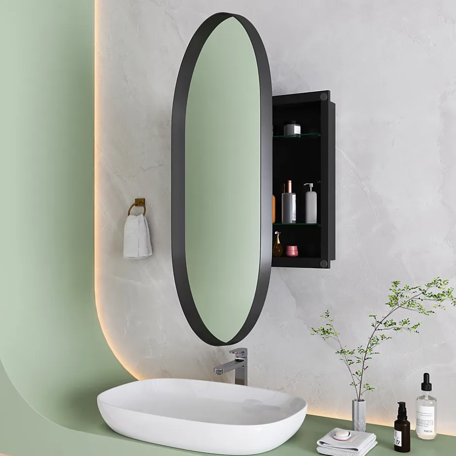 ProximaX Armoire à miroir ovale noire avec cadre métal, meuble mural avec étagères réglables, rangement salle de bain