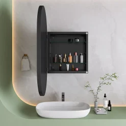 ProximaX Armoire à miroir ovale noire avec cadre métal, meuble mural avec étagères réglables, rangement salle de bain