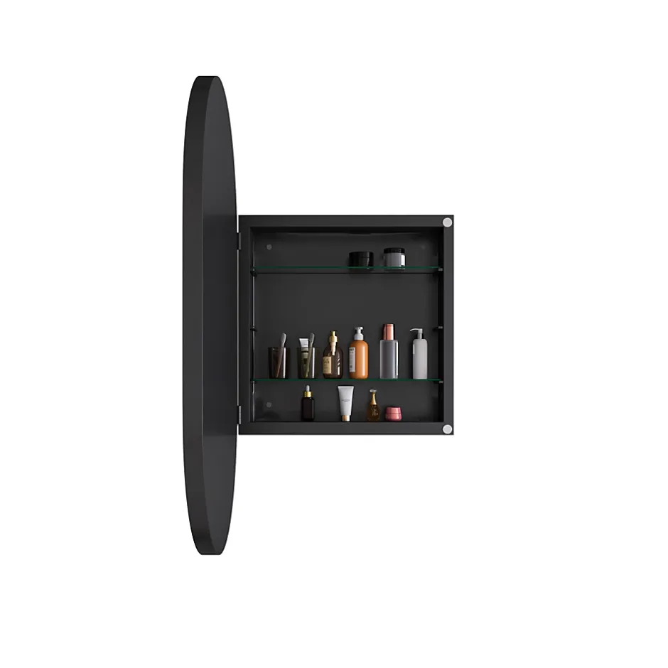 ProximaX Armoire à miroir ovale noire avec cadre métal, meuble mural avec étagères réglables, rangement salle de bain
