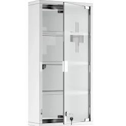 Homcom Armoire à pharmacie 3 étagères 4 niveaux 30L x 12l x 60H cm porte verre trempé symbole croix acier inoxydable brossé
