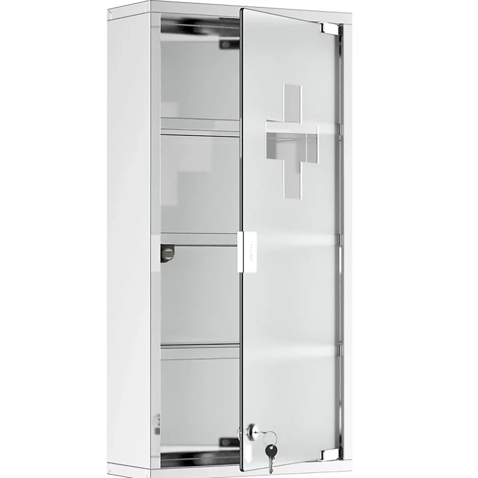 Homcom Armoire à pharmacie 3 étagères 4 niveaux 30L x 12l x 60H cm porte verre trempé symbole croix acier inoxydable brossé
