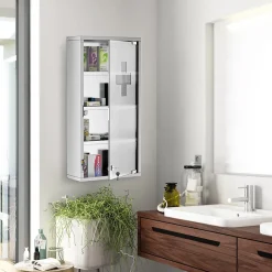 Homcom Armoire à pharmacie 3 étagères 4 niveaux 30L x 12l x 60H cm porte verre trempé symbole croix acier inoxydable brossé