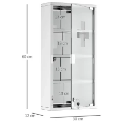 Homcom Armoire à pharmacie 3 étagères 4 niveaux 30L x 12l x 60H cm porte verre trempé symbole croix acier inoxydable brossé