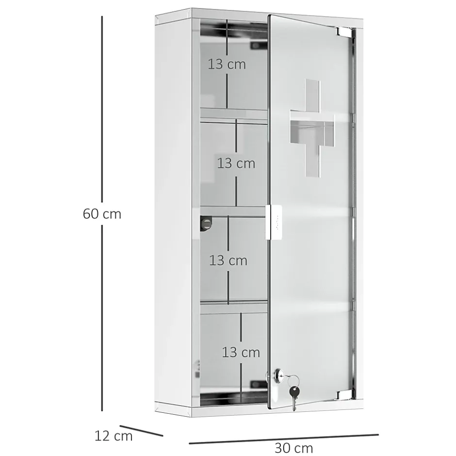Homcom Armoire à pharmacie 3 étagères 4 niveaux 30L x 12l x 60H cm porte verre trempé symbole croix acier inoxydable brossé